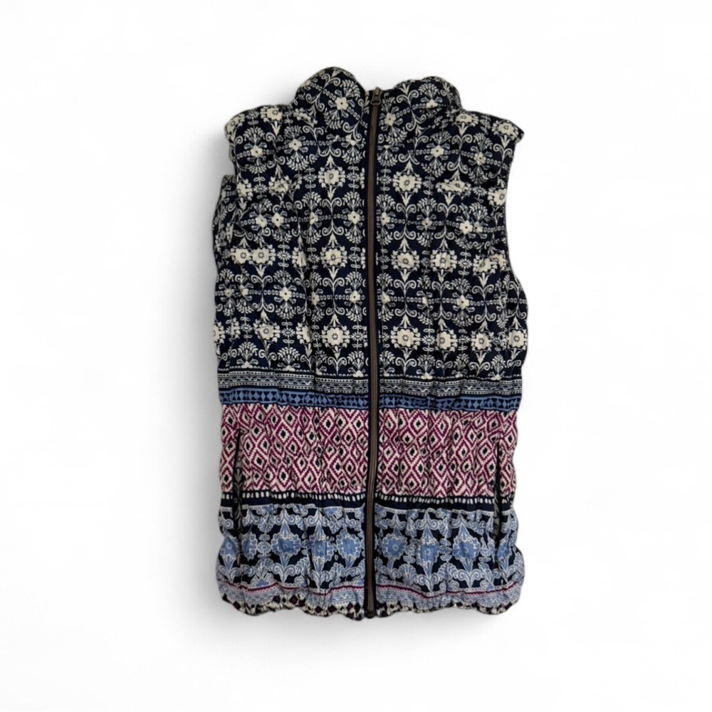 Anthropologie Pure & Good Floral Quilted Full Zip Duck Down Vest Large Hood Boho